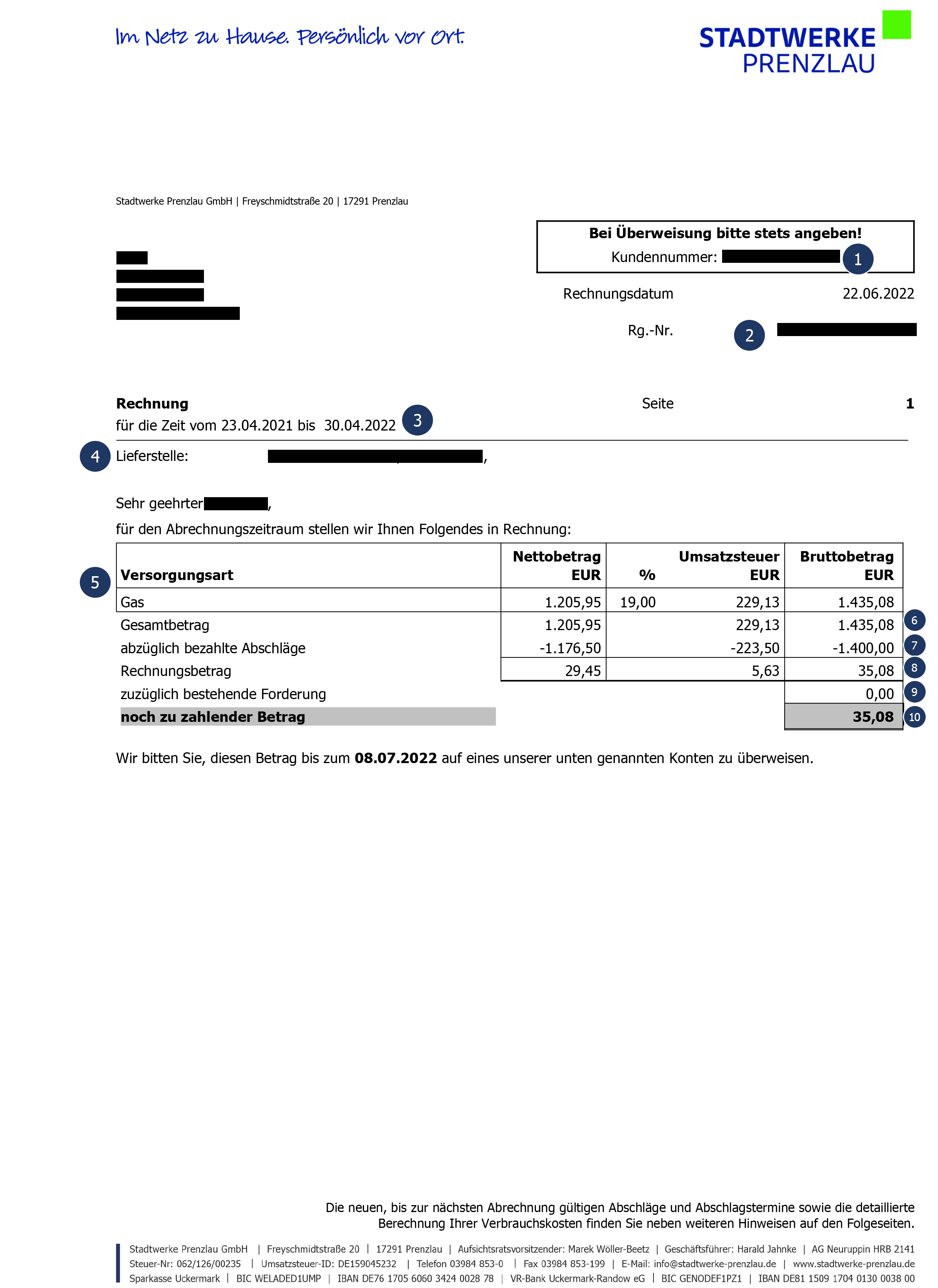 Muster der Jahresverbrauchsabrechnung Seite 1 mit markierten Erklärungsnummern